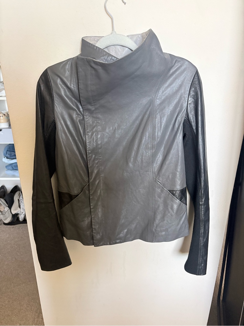 Vince Gray and Black Leather Asymmetric Zip Jacket